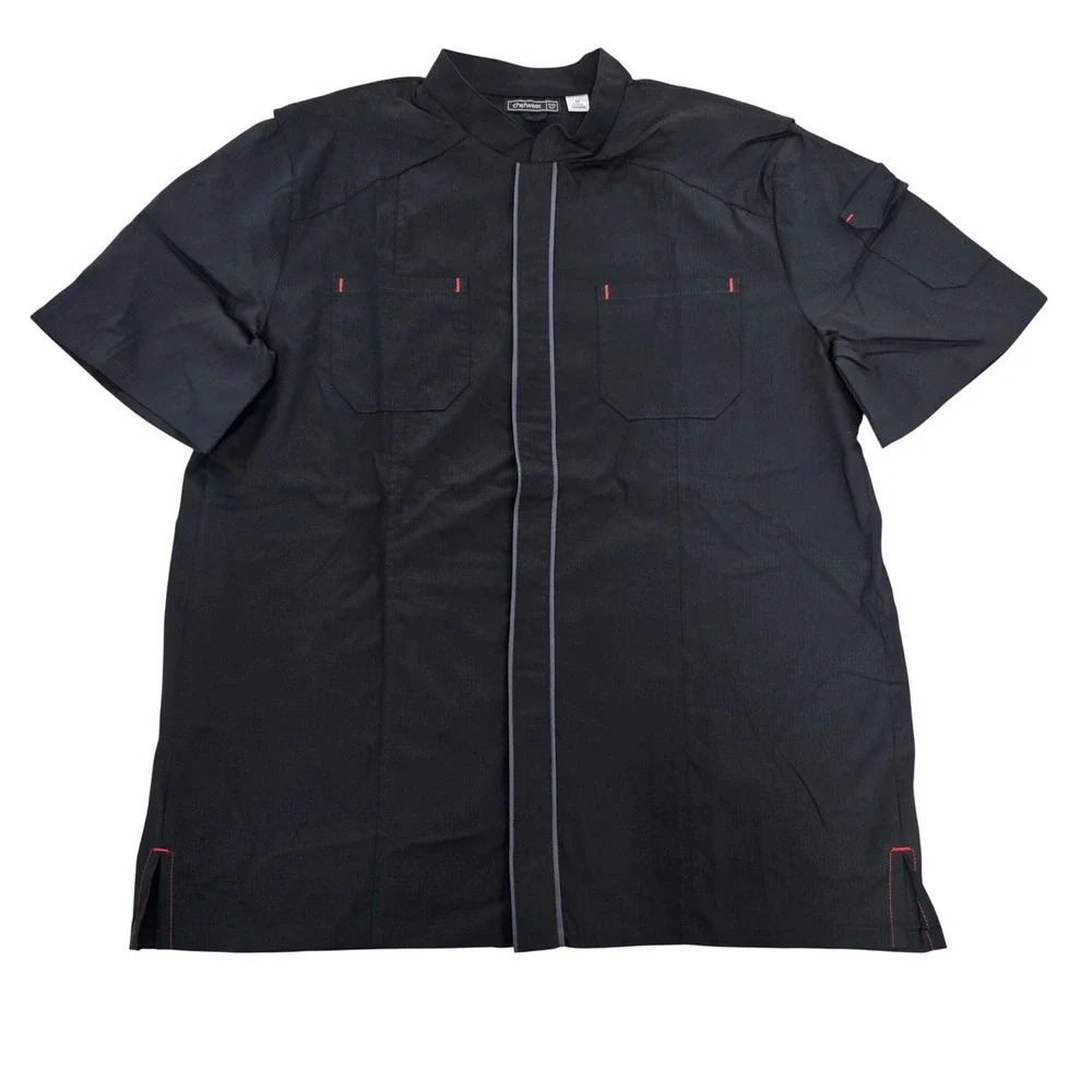 Chefwear Mens Black Ripstop Short Sleeve Chef Coat‎ Shirt Snap Front Size M NWT
